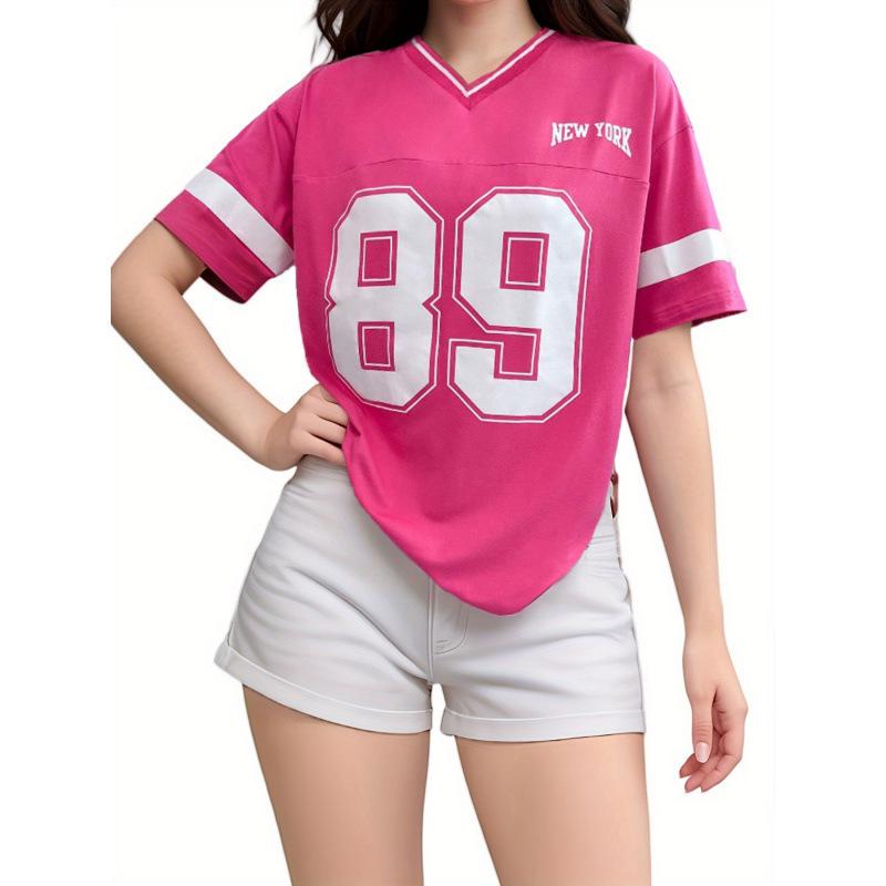 Camiseta Casual de Manga Corta con Estampado de Letras de Corte Holgado para Mujer