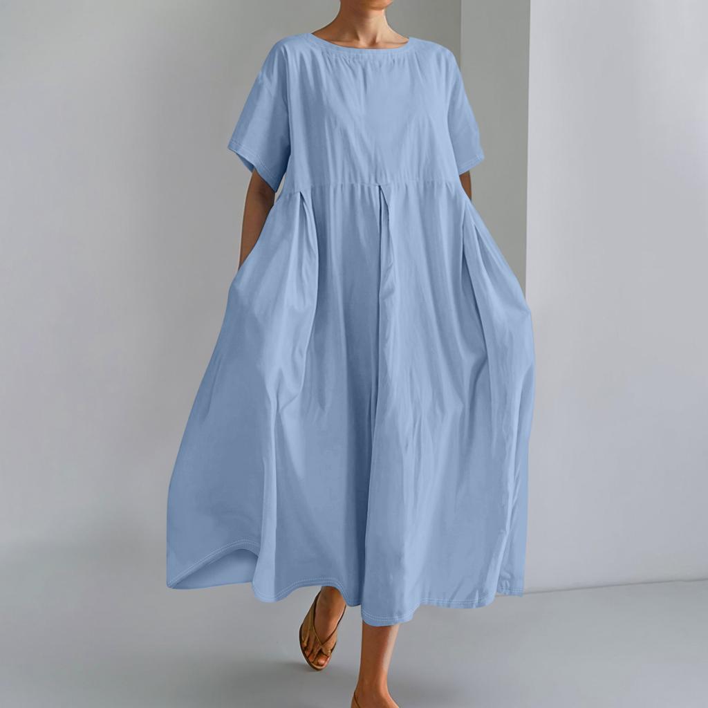 Women's  Color Fashionable Casual Cotton And Linen Loose Round Neck Short Sleeved Dress