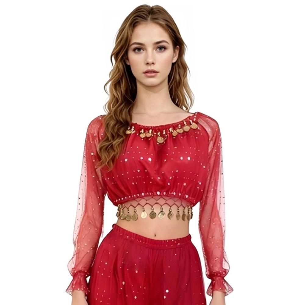 Shiny Design Belly Dance Costume Dangling Coin Stage Performance Top Beginner Training красный