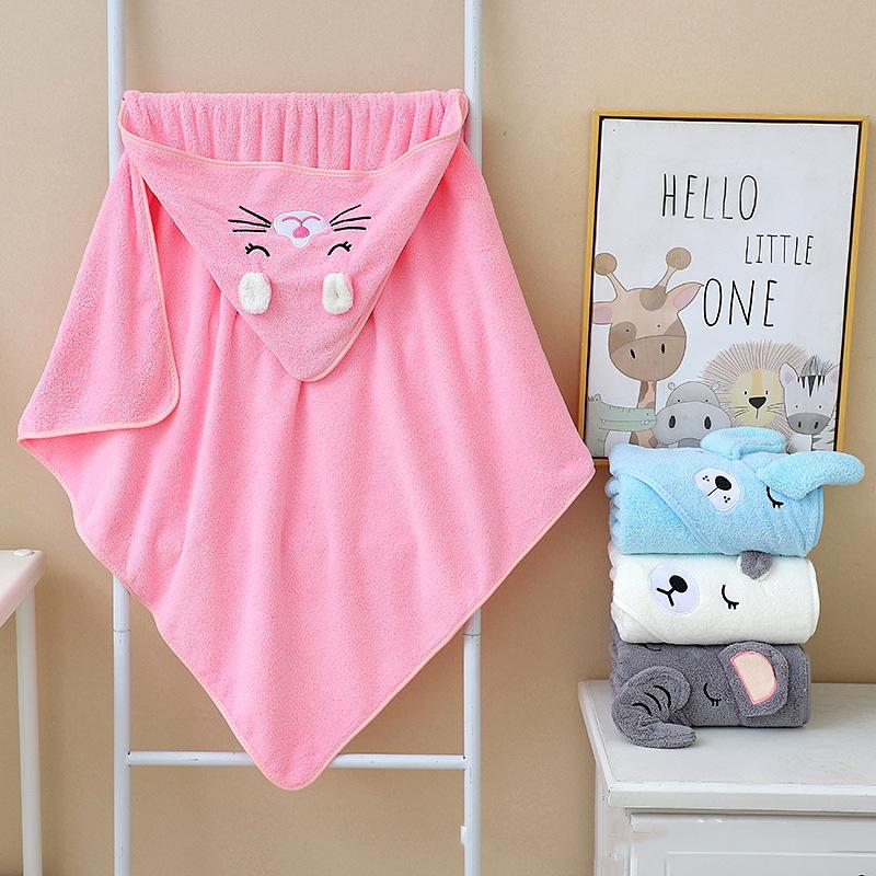 Toalha de Bebê com Capuz em Lã Coral e Manta Swaddle com Bordado de Desenho Animado