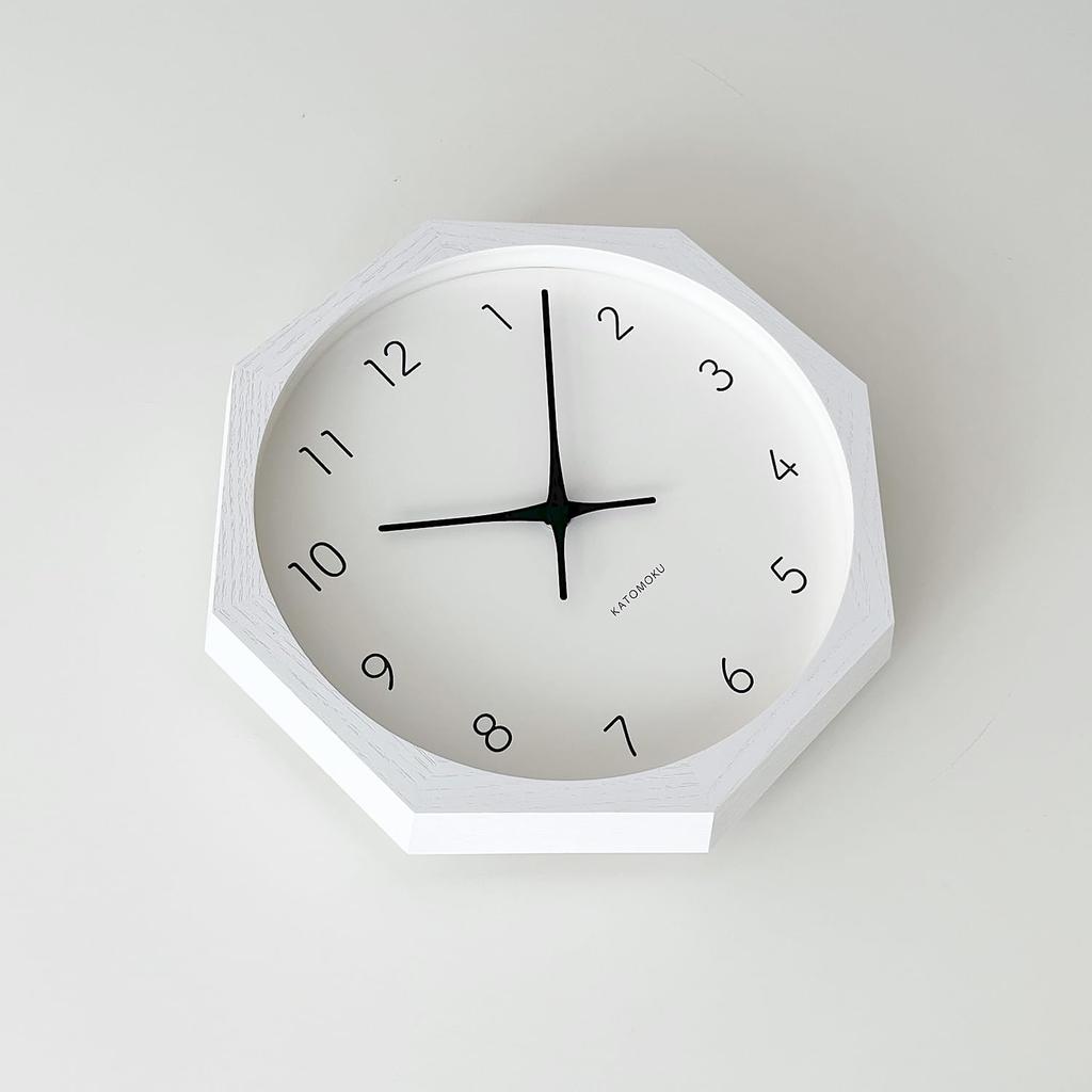 KATOMOKU Muku Clock 7 Octagonal White Wall Clock with Continuous Second Hand km-60WHRC8 Movement, 30.0cm (Radio-Controlled Clock)