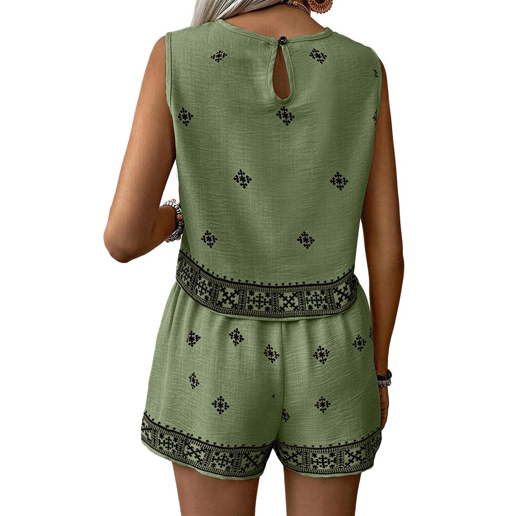 Women's Fashionable Casual Printed Bohemian Beach Vacation High-Waisted Sleeveless Top And Shorts Set