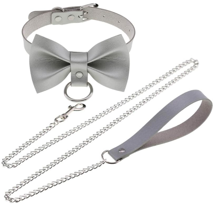 DOKiDOKi Ribbon Collar and Leash for Human Cosplay SM SM Choker (Silver) - Master/Slave/Cat Costume, Goods, Restraints, Handcuffs, Cosplay, Collar,