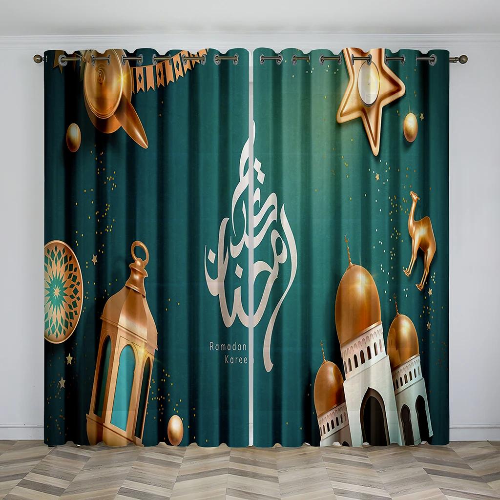 Cheap Gold Black Boho Ramadan Lslamic Muslim Kareem Thin Window Curtain for Living Room Bedroom Decor 2 Pieces Free Shipping