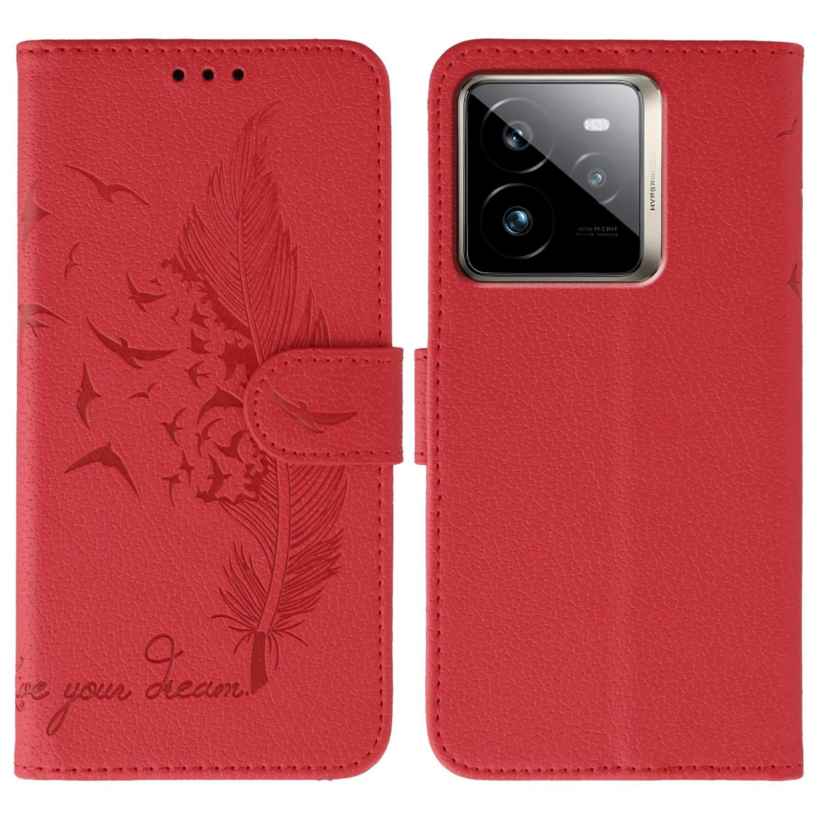

For Realme GT 7 Pro 5G Case Feather Imprint PU Leather Wallet Phone Cover Red