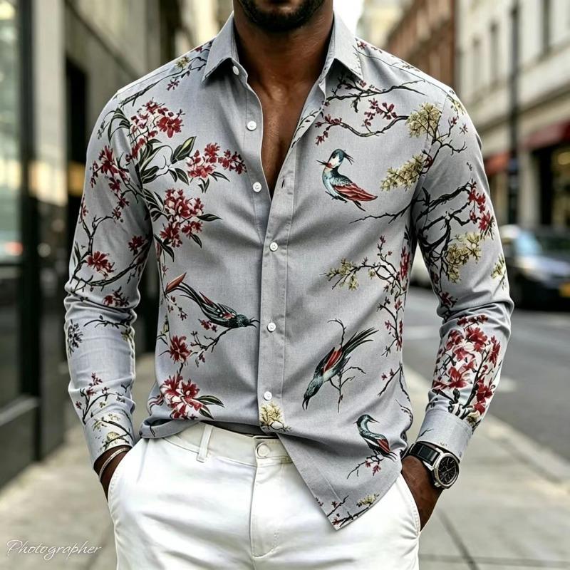 New Men's Shirt Collar Long Sleeved Printed Shirt Street Style Elegant Men's Casual Fashion Top, Comfortable, 17 Colors