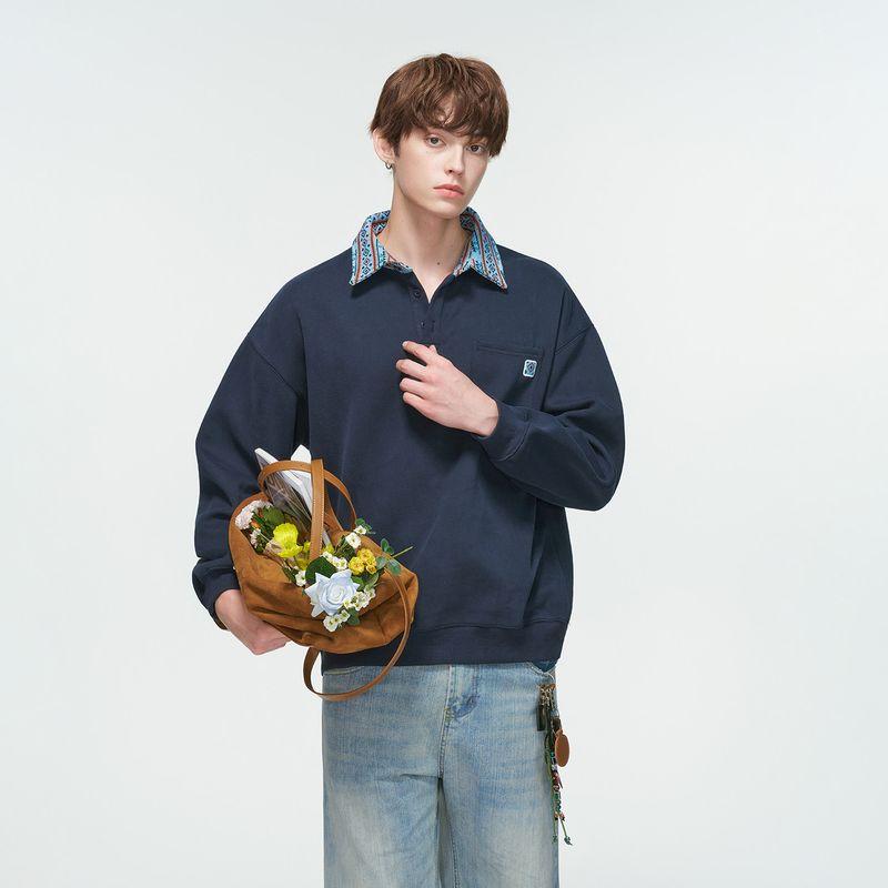 Dream Made American Retro Ethnic Style Jacquard Polo Shirt Sweatshirt Men's Spring and Autum Casual Loose Top