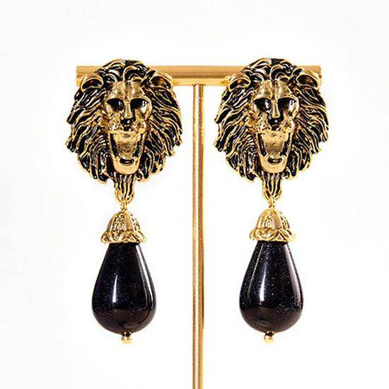 

Ретро Золоті Сережки з Головою Лева з Чорною Підвіскою-Краплею - Унікальний Нішевий Дизайн