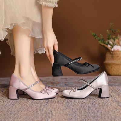 Cute Bow High Heels Rhinestones One-strap Women's Shoes Round Toe Mary Jane Shoes