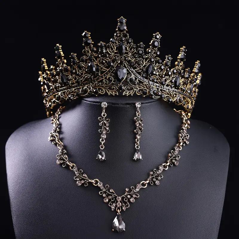 

European and American Bride Water Diamond Crown Necklace Set Elegant Princess Ball Party Birthday Wedding Updo Style Accessories