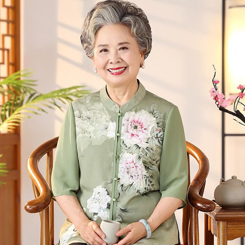 

Elegant Silk Top for Middle-Aged & Elderly Women - Summer Mulberry Silk Shirt for Stylish Moms & Grandmas 5XL (150-165 lbs) зелений