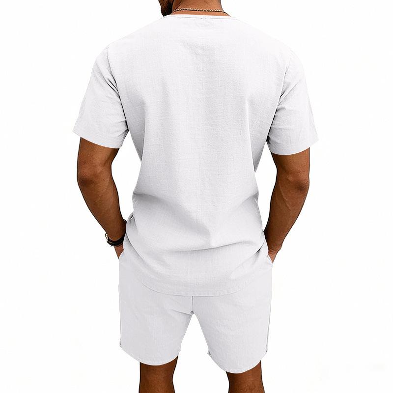 Men's Linen V-Neck Short Sleeve T-Shirt and Shorts Set - Solid Color Beach Casual Wear