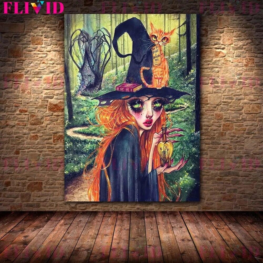 The Haunted House Of The White Ghost Wall Art Canvas Print Gothic Miniature Witch And Mysterious Animal Poster Print Decoration No Frame
