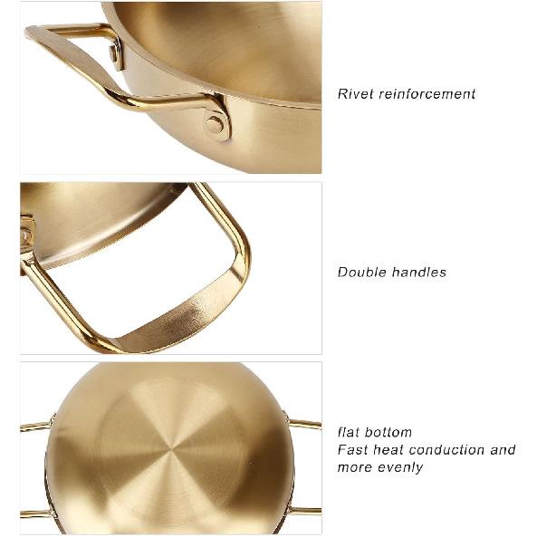 Ramen Pot, Stainless Steel Gold Noodles Pot with Double Handle for Pasta Soup, Korean Cooking Pot for Home Kitchen (Inner diameter 18cm)