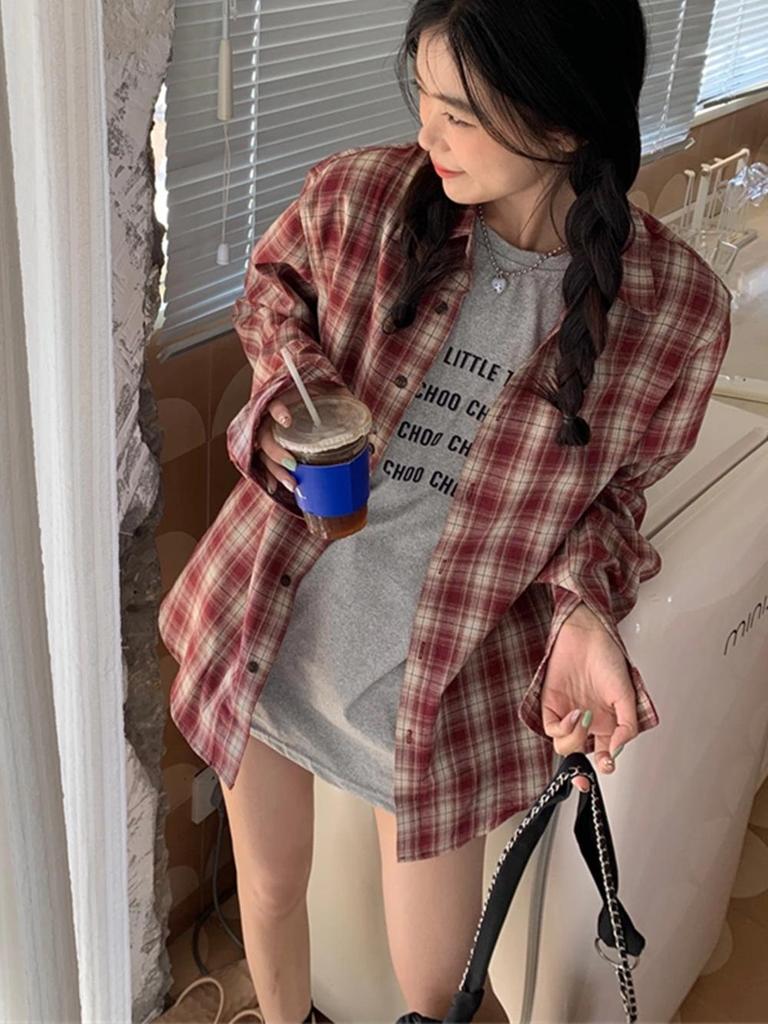 Women's Red Plaid Loose-Fit Long Sleeve Shirt - Korean Style Casual Sun Protection for Spring/Summer