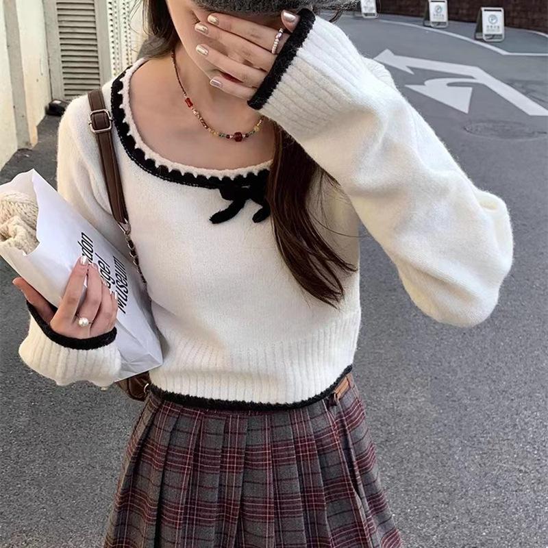 

French square neck bow temperament thin short sweater women s spring and autumn contrasting color versatile long-sleeved knitted sweater top women Average size 57-172 білий
