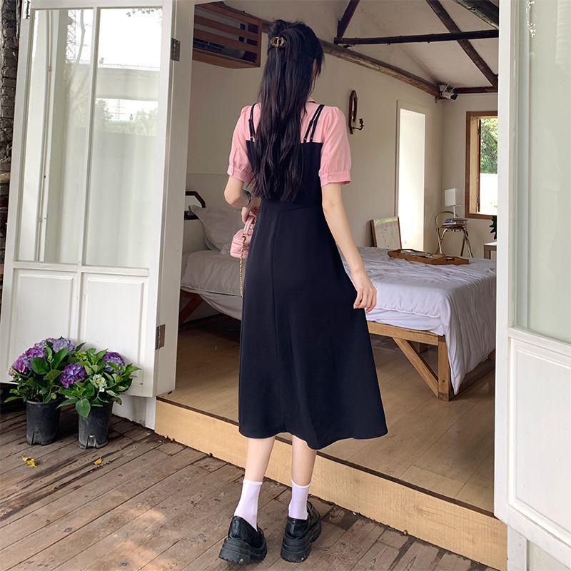 Plus Size Faux Two-Piece Spliced Design Slimming Little Black Dress for a Flattering Summer Look