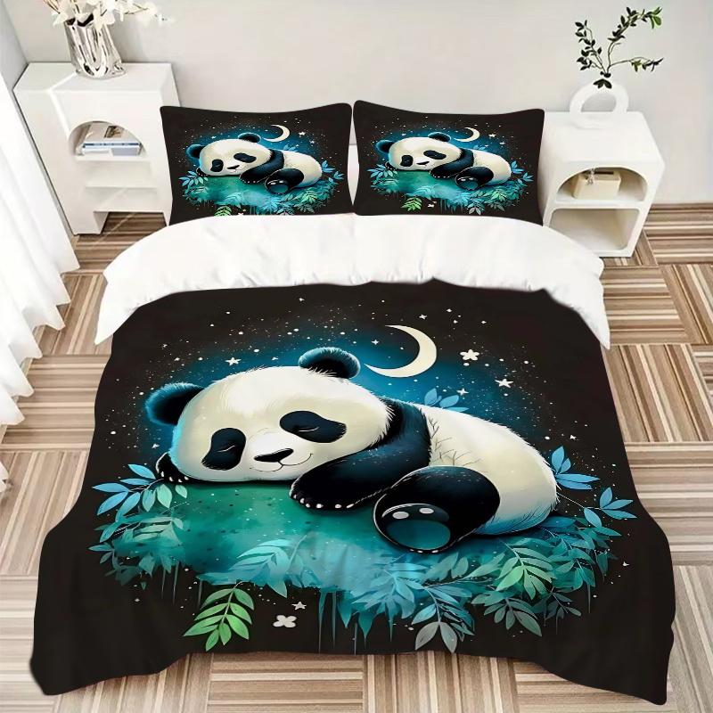 3pcs Moonlit Night Panda Bedding Set - Includes Quilt Cover and Pillowcases, Suitable for All Seasons, Machine Washable - Ideal Gift for Fam
