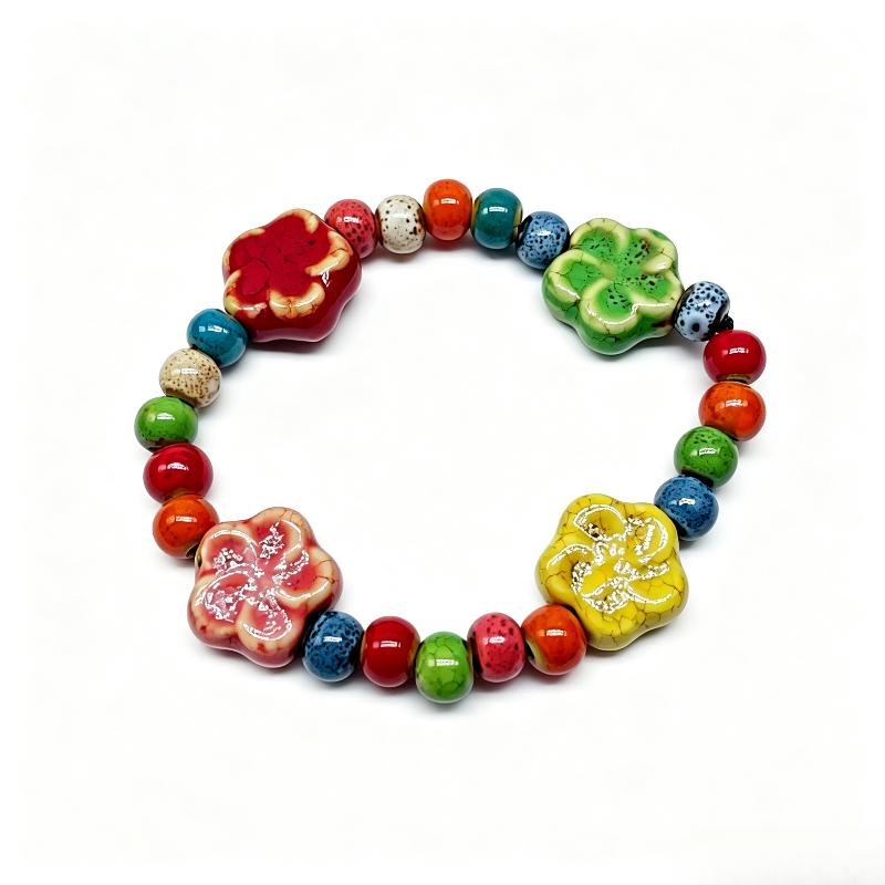 Handmade Boho Ceramic Beaded Bracelet Bright Colorful Elastic Wristband Fun Jewelry for Summer Vacation Trips