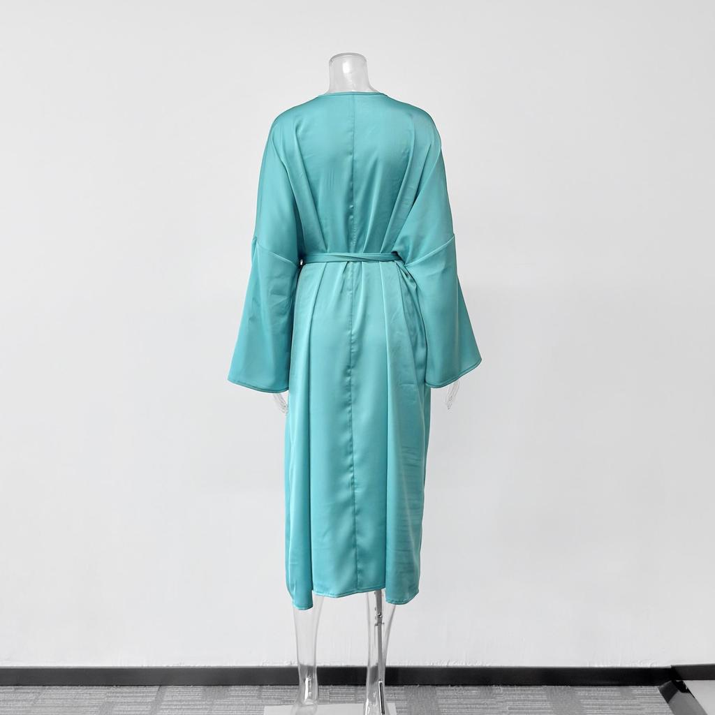 Satin V-Neck Casual Robe Dress - 2025 European & American Autumn Collection