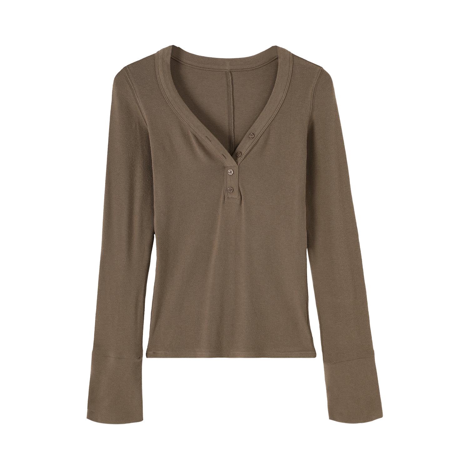 Korean V-Neck Waist-Cinched Slimming Long-Sleeve Top for Women - Autumn/Winter Casual Style XL кофейный