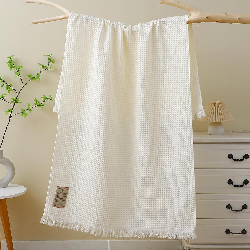 Pure Cotton 90x180 Waffle Weave Tassel Bath & Beach Towel Shawl - Honeycomb Design, No Shed Gauze.