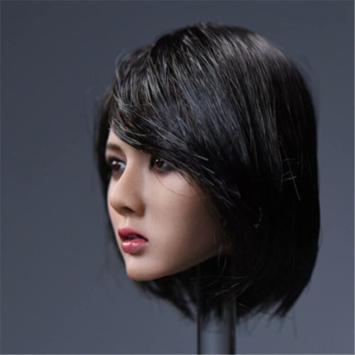 1/6 Asian Beautiful Woman Head with Black Short Hair Carving Model Fits 12 Inch Action Figure Body
