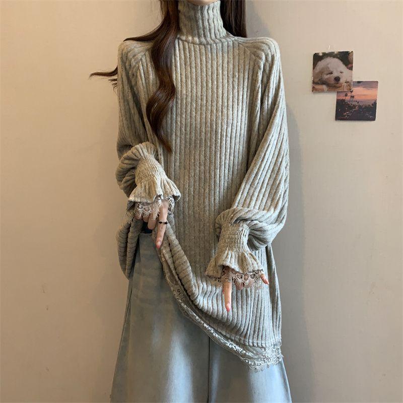 Women's Plus Size Retro Lace High-Neck Sequin Sweater - Autumn/Winter Hip-Length Base Layer