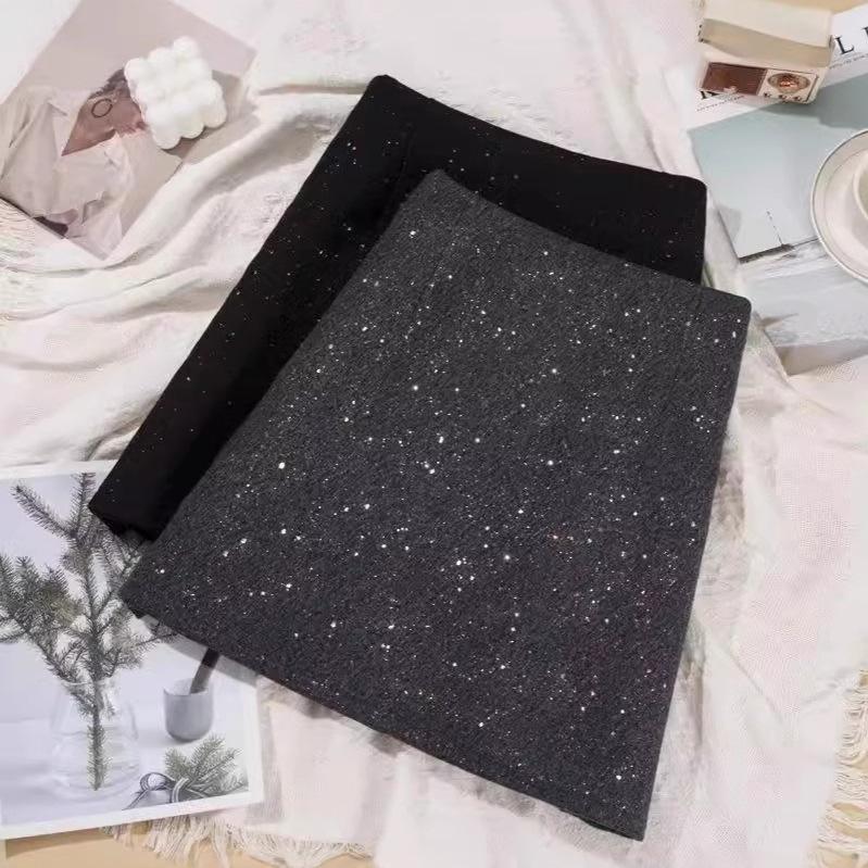 Luxuriöser glitzernder Woll-A-Linien-Halbrock für Damen - Winter 2025 Retro Slim Fit