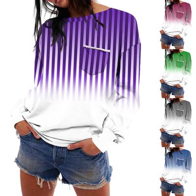 Women's Fashion Long Sleeve Autumn Gradient Striped Print Loose Long Sleeve Crew-neck Hoodie Top