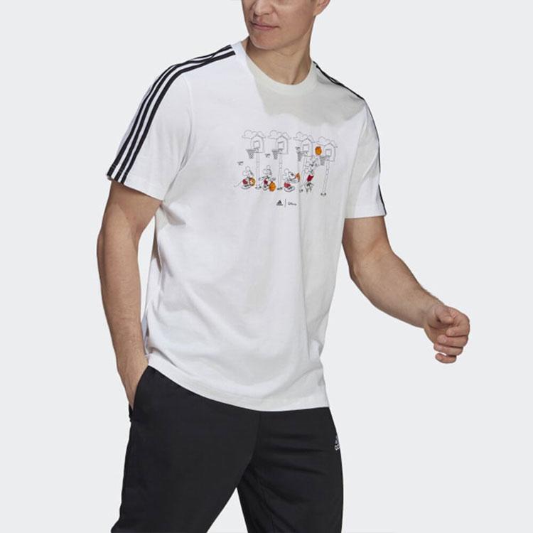 Adidas X Disney Co-Branded Mickey Cartoon Print Striped Sports Short Sleeve T-Shirt Men Tops White GL3086
