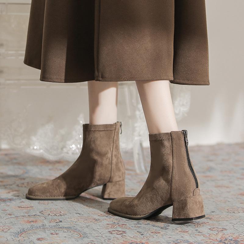 Temperament Suede Thick Heel Short Boots Women's Rear Zipper Autumn and Winter New Comfortable Versatile Square Head Elastic Medium Tube Fashion Boots