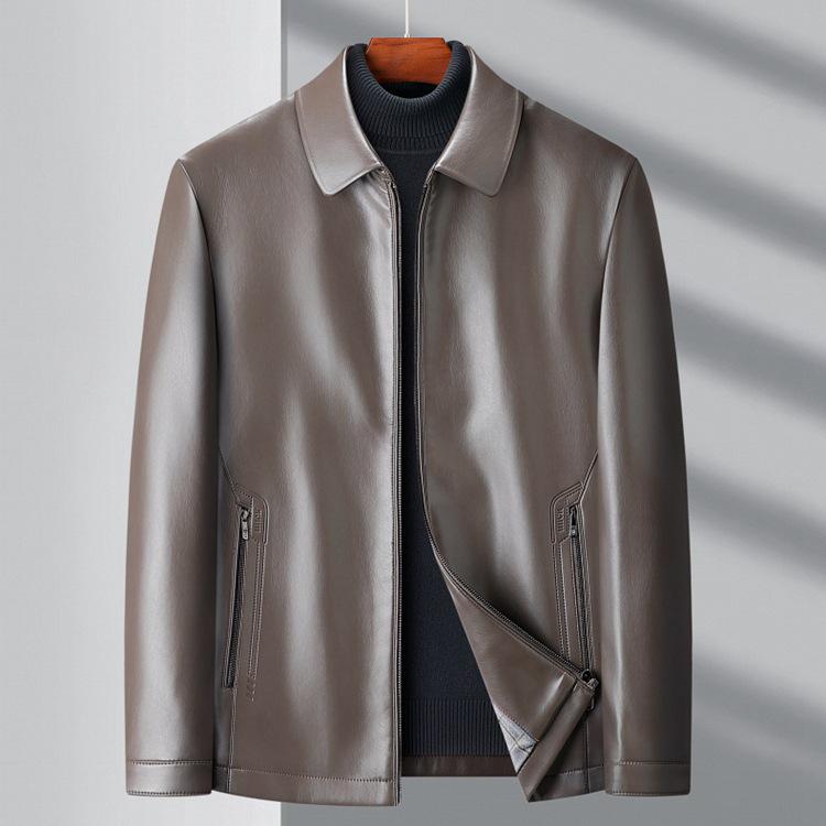 Men's Versatile Sheepskin Leather Jacket: 2025 Spring/Autumn, Middle-Aged Dad Lapel Motorcycle Style