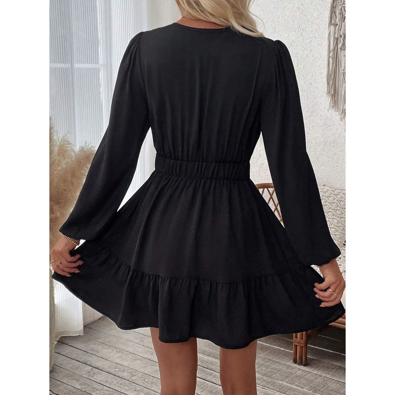 Small Western Style Spring/Summer New Fashion Deep V-neck Embroidery Black Waist Hugging Long sleeve dress Skirt DRESS