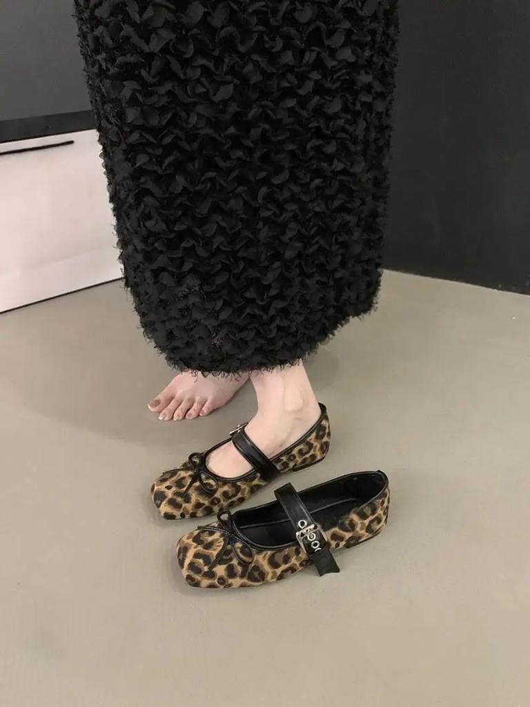 Fashion Leopard Print Women's Mary Jane Shoes Fashion Bow Flat Shoes Retro Style Women's Soft Soled Ballet Shoes