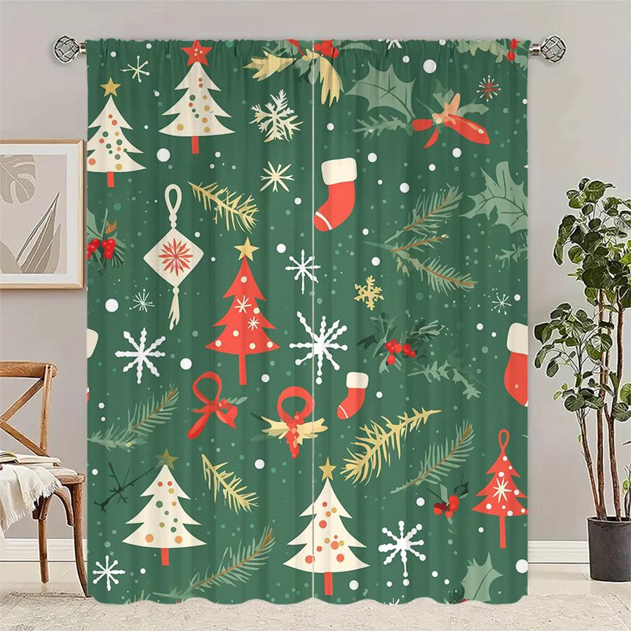

Set Of 2 Christmas Tree Printed Curtains Pole Bag Decorations Home Room Curtain Polyester W100*H70(CM)-Grommet top&2PCS