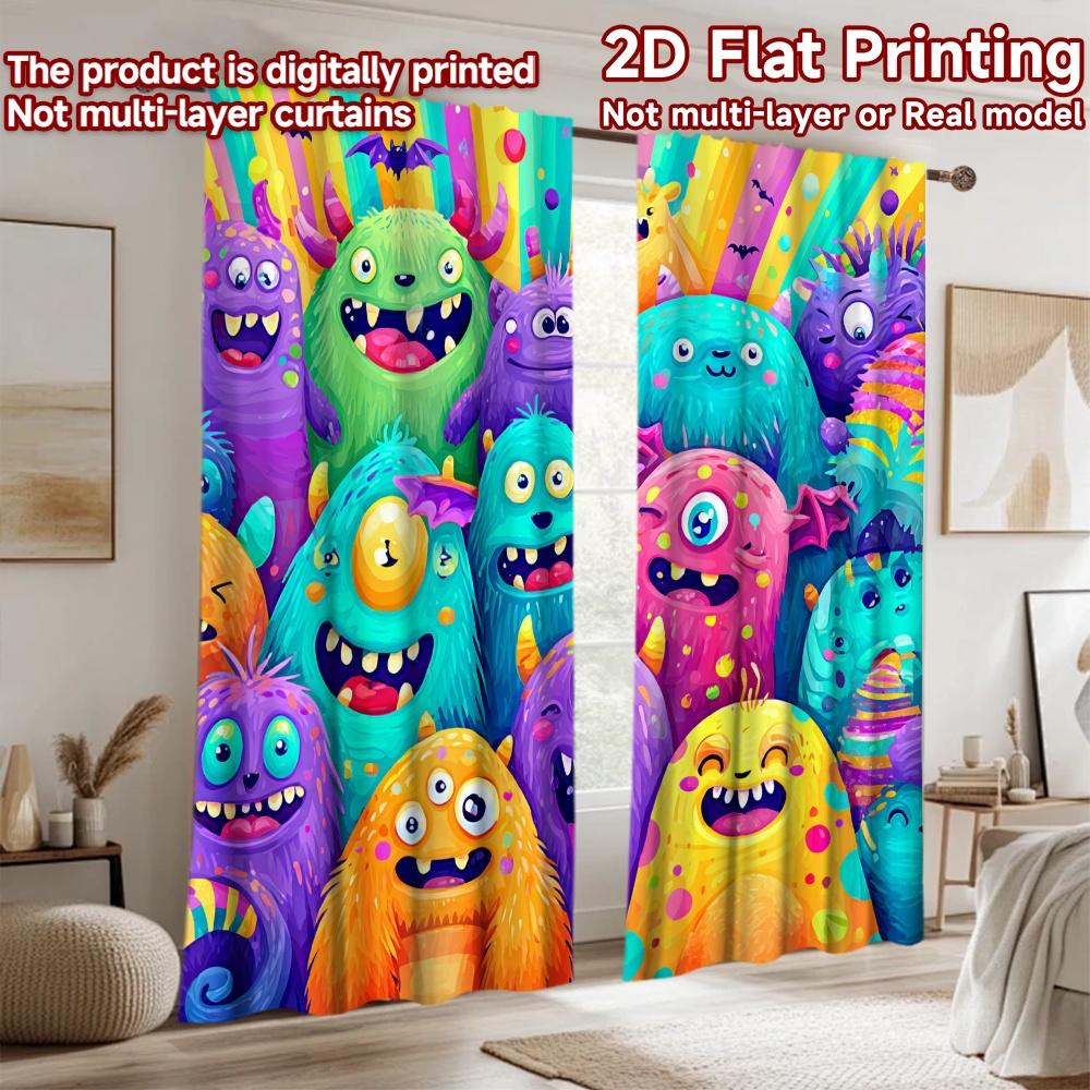 2D flat printing 2pcs Window Curtains Cute Colorful Monsters Digital Printed Polyester Drapes Festive Wall Decor Perfect for