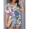 Women's Casual Short Sleeve Button Up Shirt Cartoon Stationery Pattern Backpack Ruler Apple Scissors Rich Colors Machine Washabl