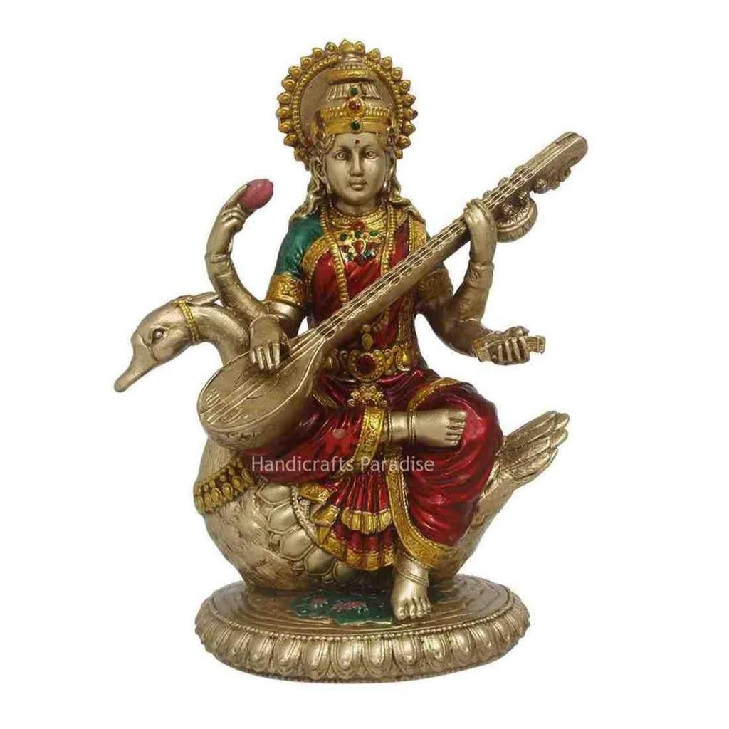 Hindu Goddess of Music and Knowledge Saraswati Sitting On Swan Playing The Vina Statue Sculpture