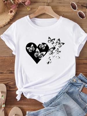 (Asian Size) Women Butterfly Love Heart Style Trend Short Sleeve Fashion Clothing Casual Tshirt Female Print Lady Tee Top Graphic T-shirts