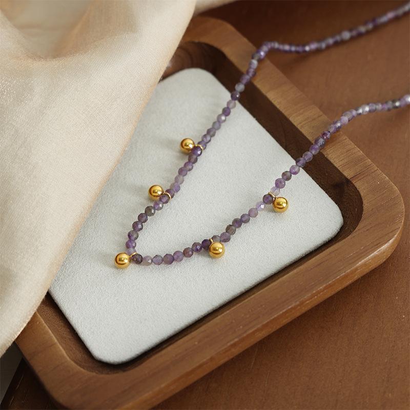 Natural Stone Purple Beaded Handmade Necklace Maillard Accessories Niche Temperament Versatile Personality Collarbone Chain Jewelry Women