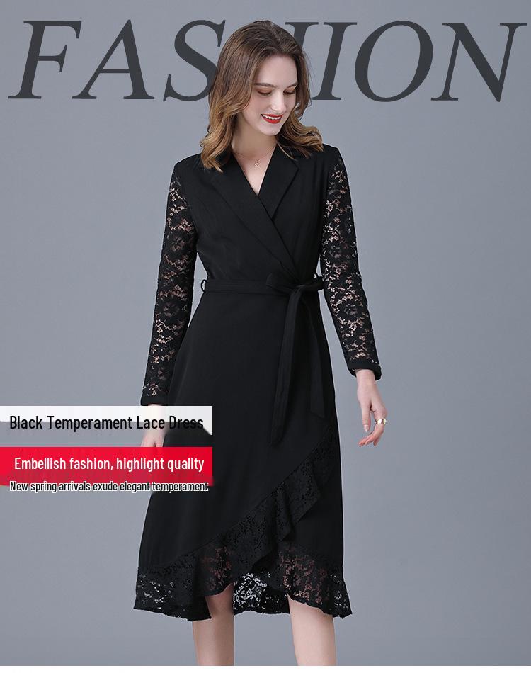 Black Hepburn-Style Patchwork Lace A-Line Dress - Plus Size, Mid-Length, Autumn/Winter Collection