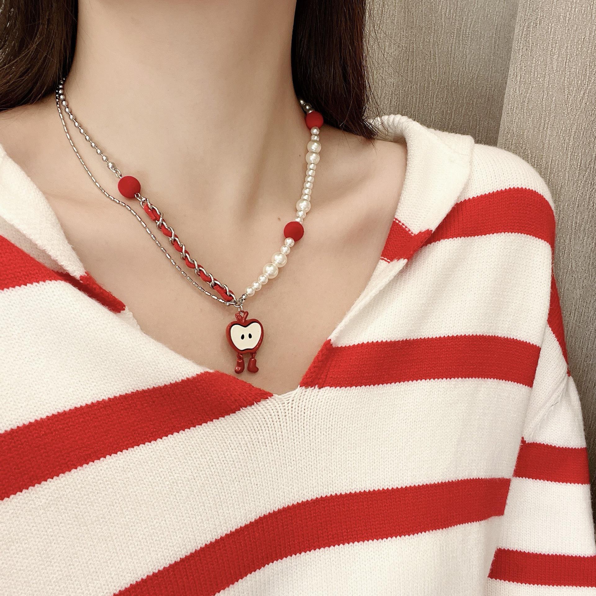 

Изысканное ожерелье из бисера в форме сердцевины красного яблока: Женские роскошные украшения на ключицу N1285 Pearl and leather chain Necklace красный