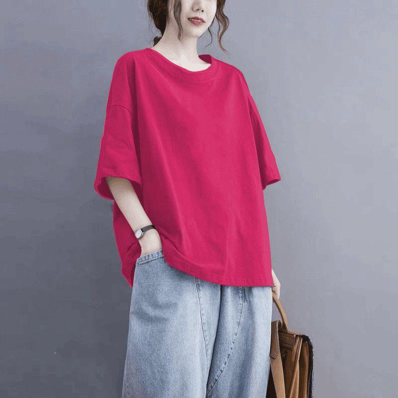 

Size Plus Size Ladies Pure Cotton Short Sleeve T-shirt Women s Summer Loose Casual Pure Color round Neck Half Sleeve Slim Looking Belly-Covering Coat Rose Red L
