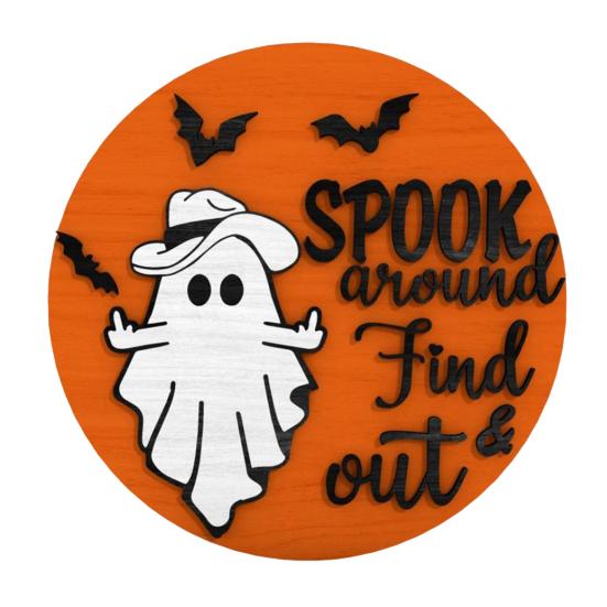 Halloween Ghost Door Sign Spook Around Find Out Welcome Sign Front Porch Hanging Wooden