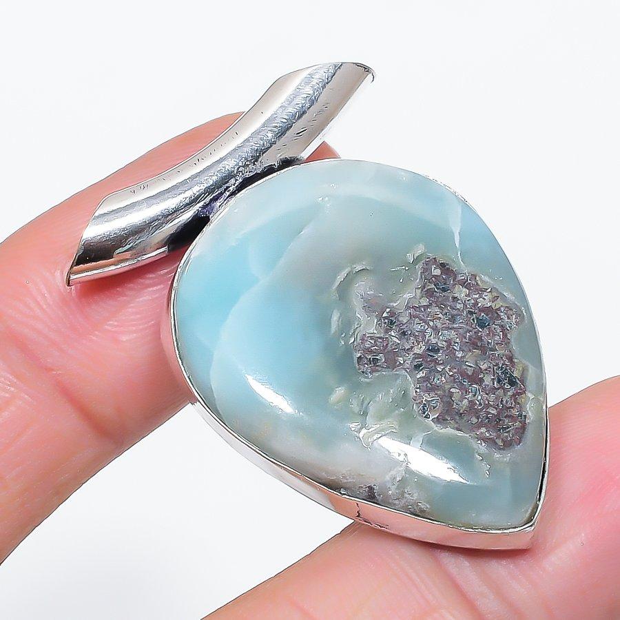 Natural Larimar Gemstone Handmade 925 Sterling Silver Jewelry Pendant 1.65" H3P95