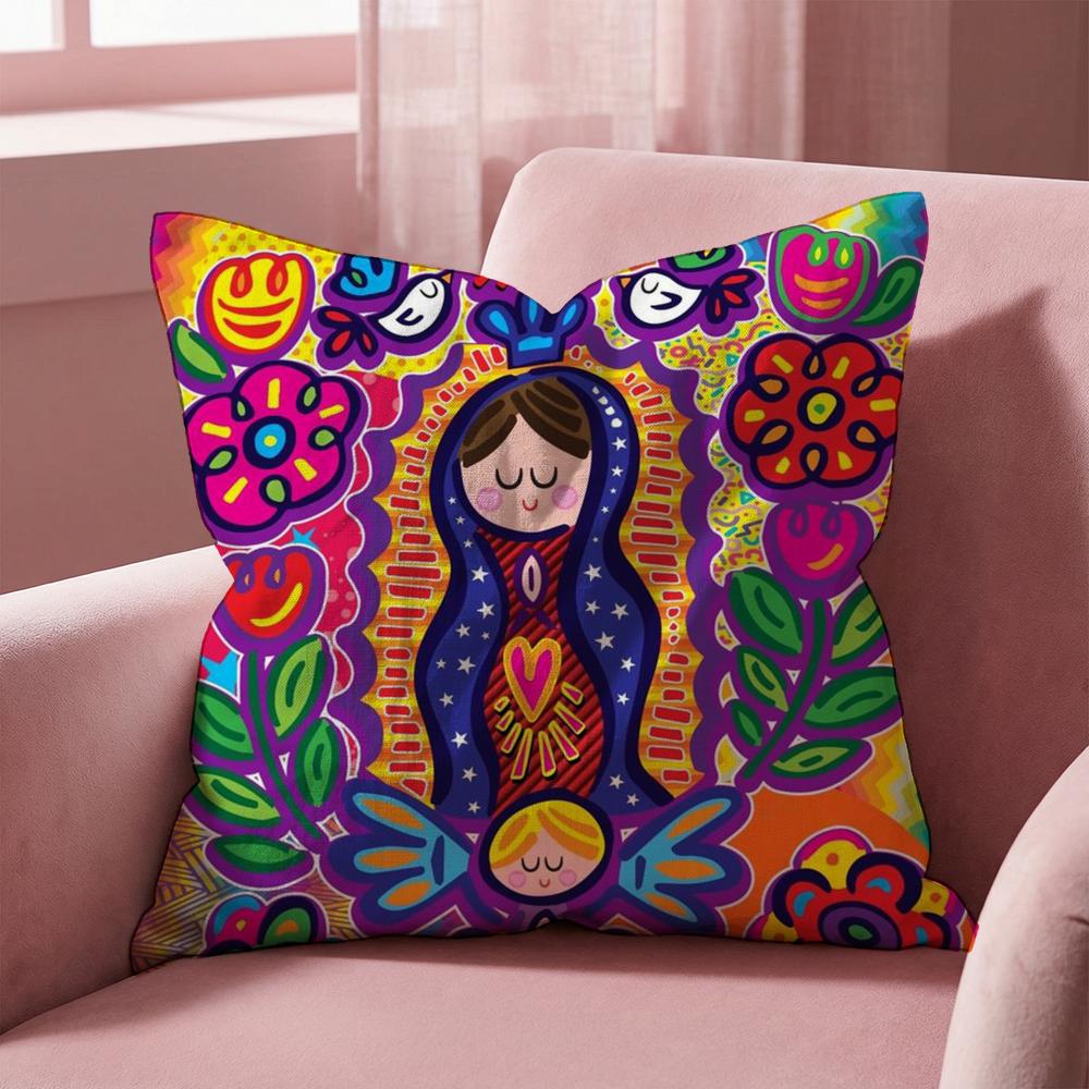 Cartoon Virgin Mary Art Cushion Cover Multi-Scene Pillow Cover for Home & Car - Reversible, Soft & Durable for Daily Use