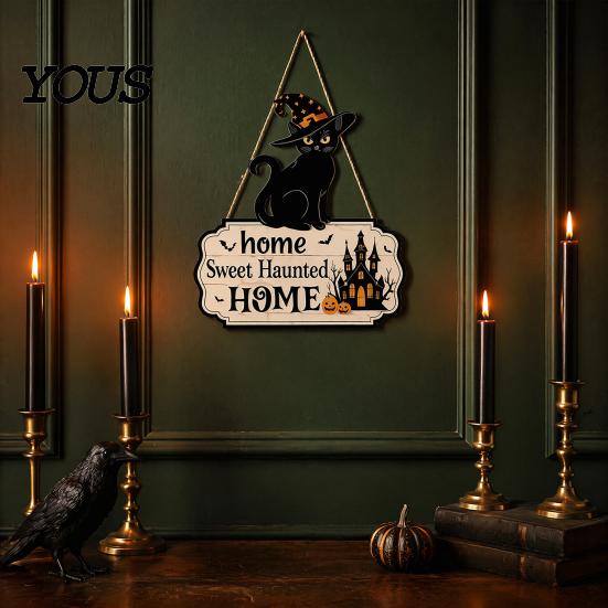 Scary Theme Party Decor Halloween Wooden Welcome Door Sign, Black Cat Ghost Pumpkin Hanging Unique Holiday Gift Ideas for Porch, Rustic Farmhouse