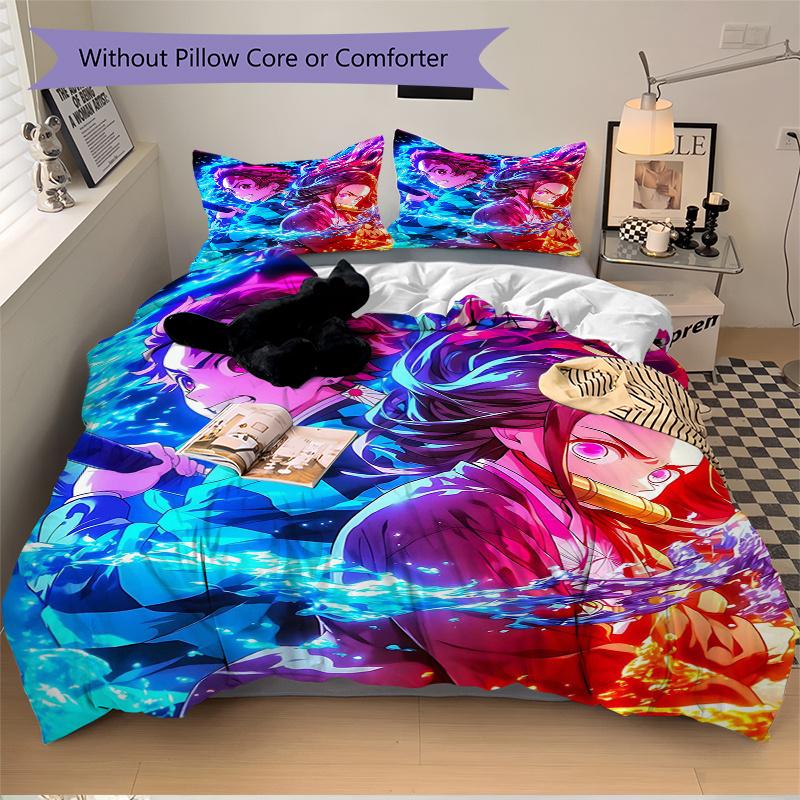 3pcs Two Heroes Clash Demon Slayer Printed Duvet Cover Set (1 * Cover+2 * Pillowcase, Without Core), Suitable for Home Bedroom, Guest Room, Dormi