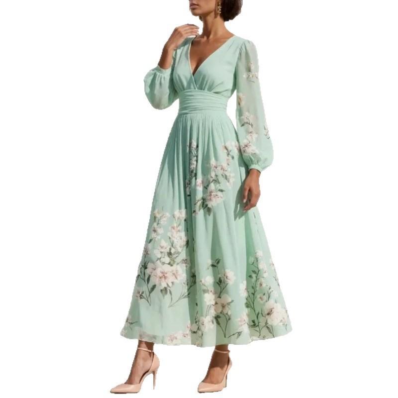 European and American women's clothing new digital printing flower V-neck pleated long-sleeved dress women